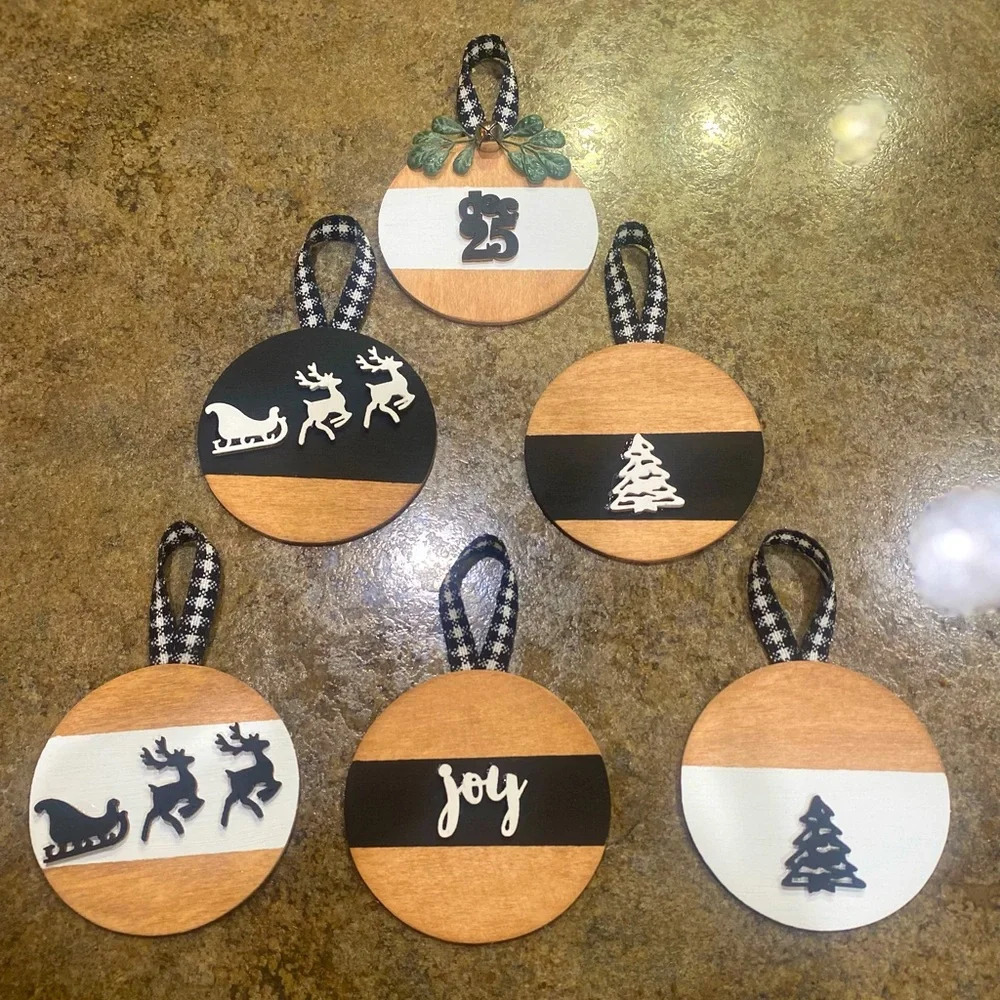 Christmas Ornament Black and White Farmhouse 6 piece Cottage Country Rustic